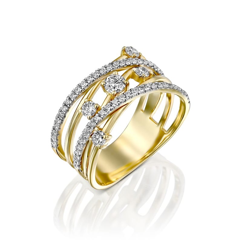 טבעת יהלומים מעוצבת 5 שורות זהב צהוב