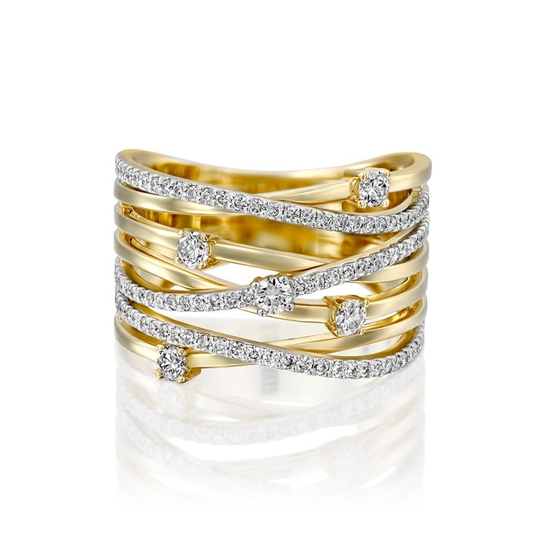 טבעת יהלומים מפוארת 7 שורות זהב צהוב