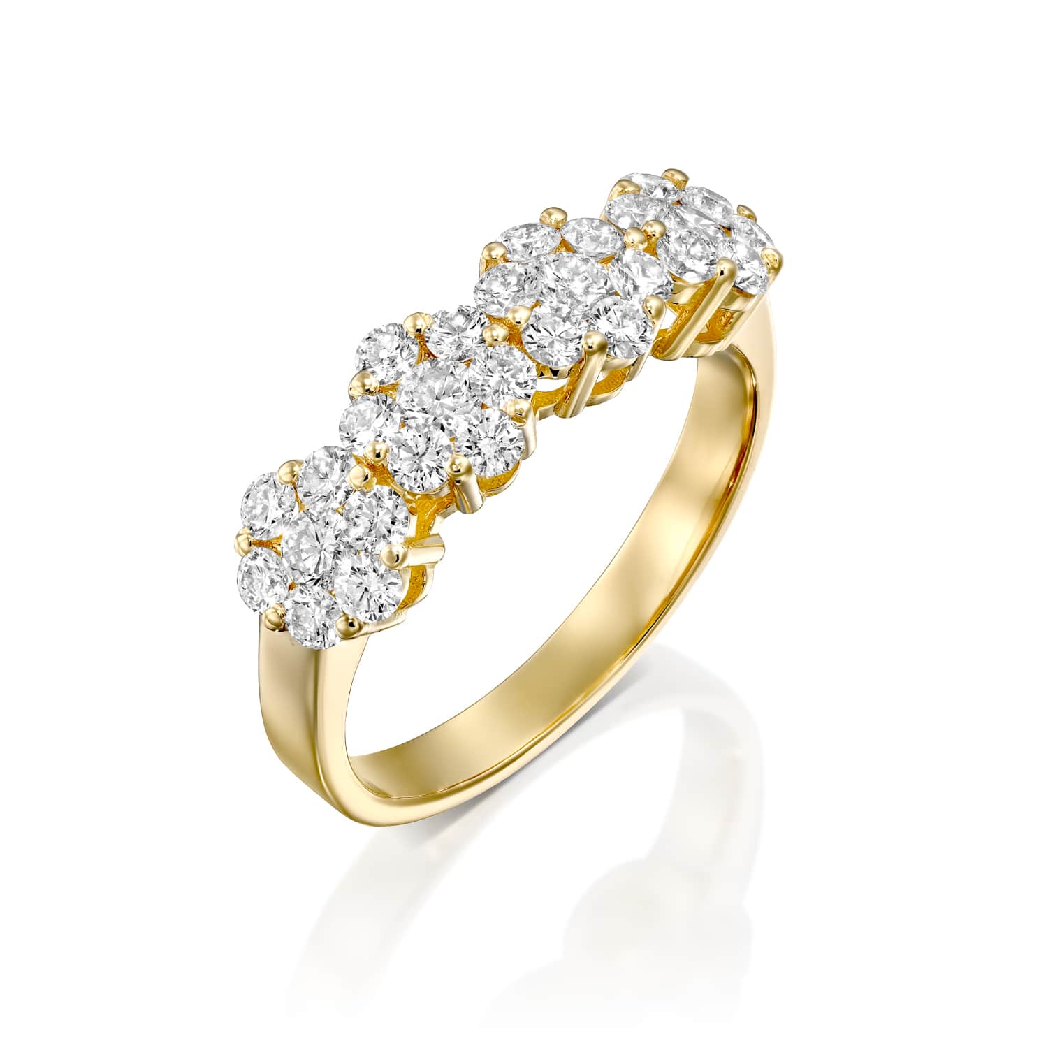 טבעת יהלומים 4 פרחים משובצים זהב צהוב