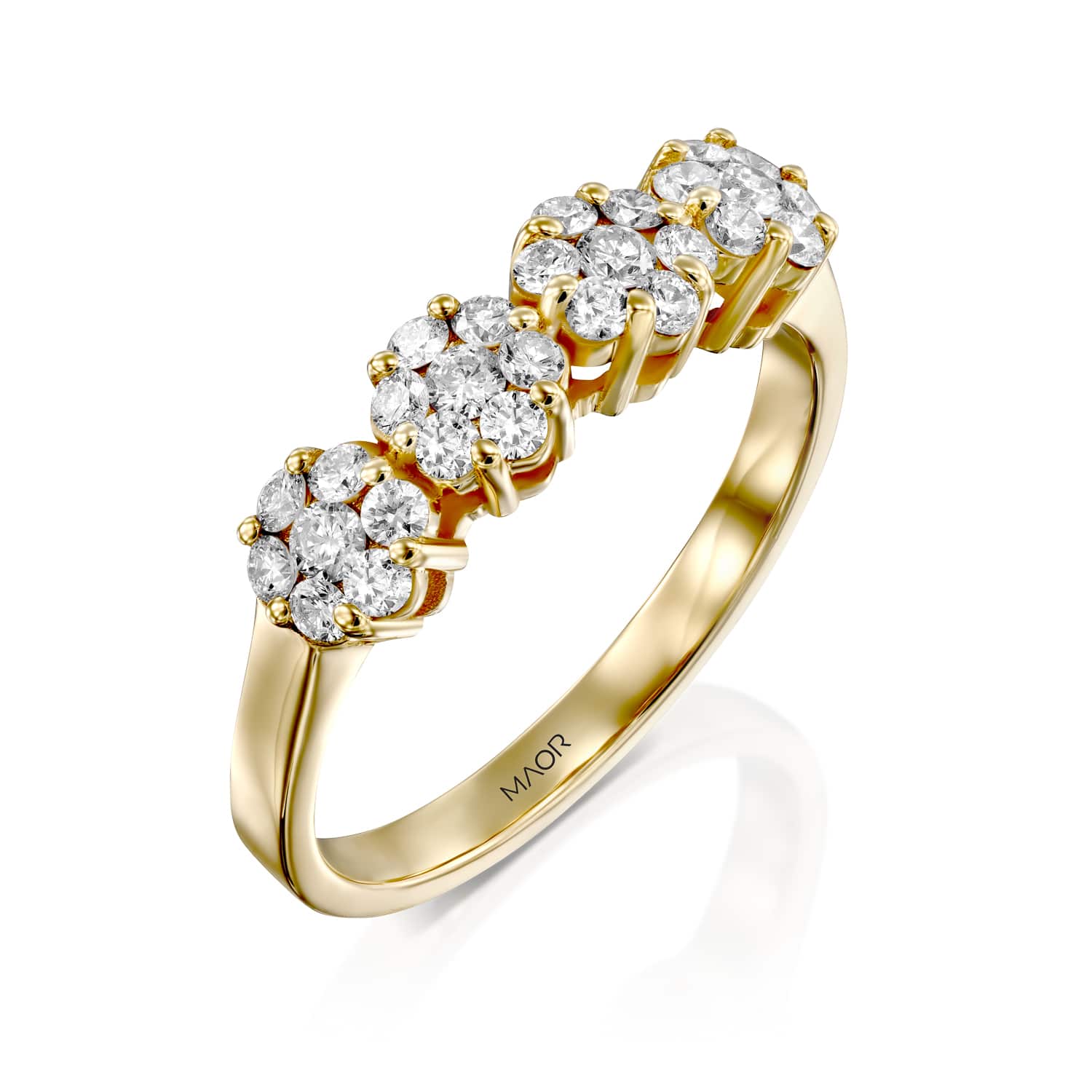 טבעת יהלומים 4 פרחים זהב צהוב